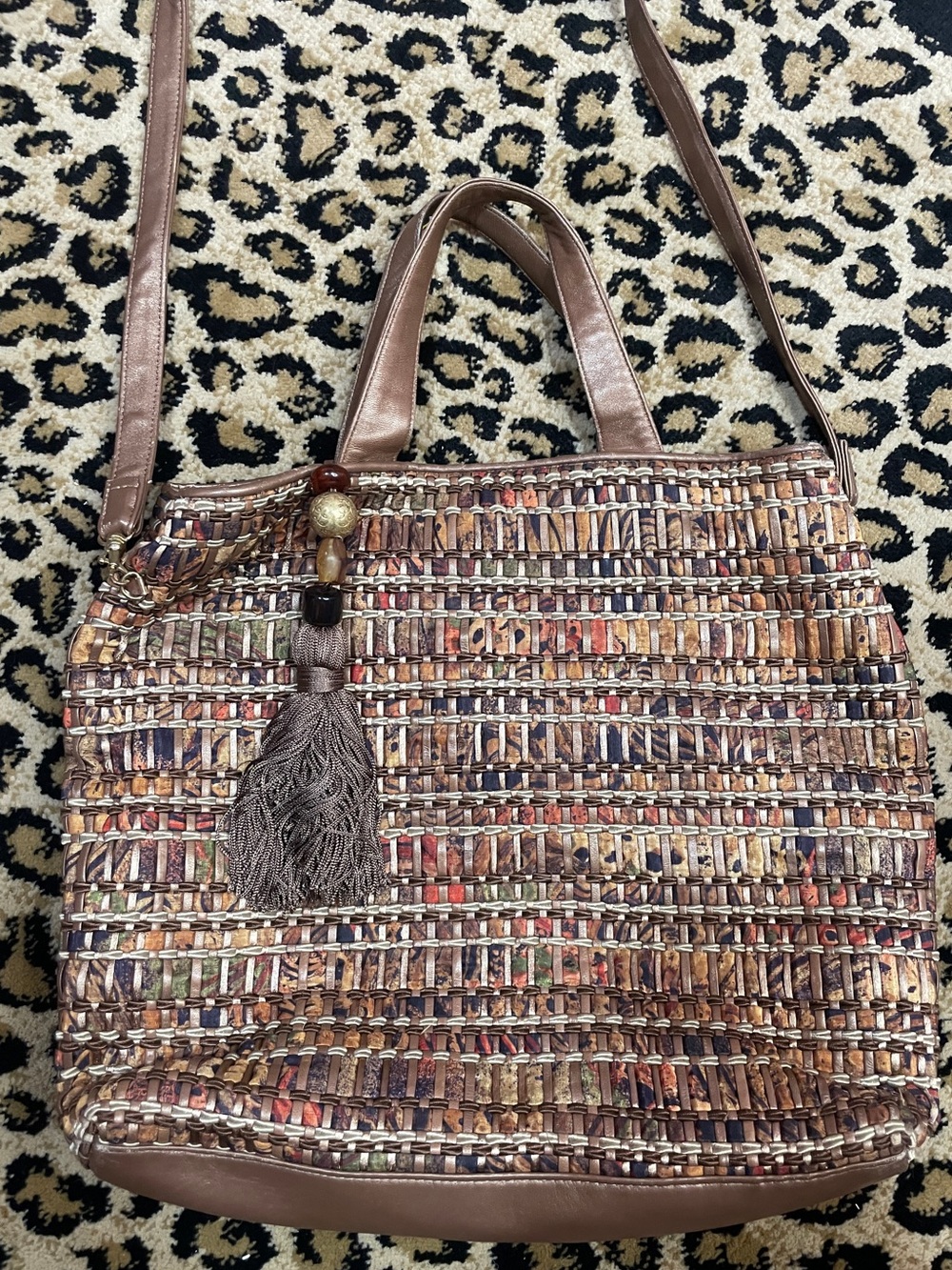 Vintage Sharif Woven Leather Tote Bag with Tassel